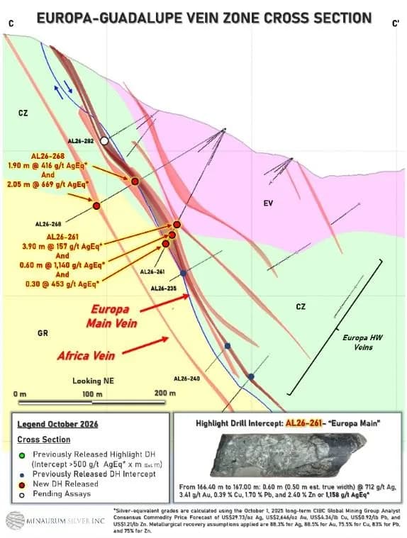 Figura 4. Sección transversal de la zona de vetas Europa-Europa Sur, que muestra la relación entre los intervalos mineralizados de Europa Sur y África en el sondeo AL26-268.