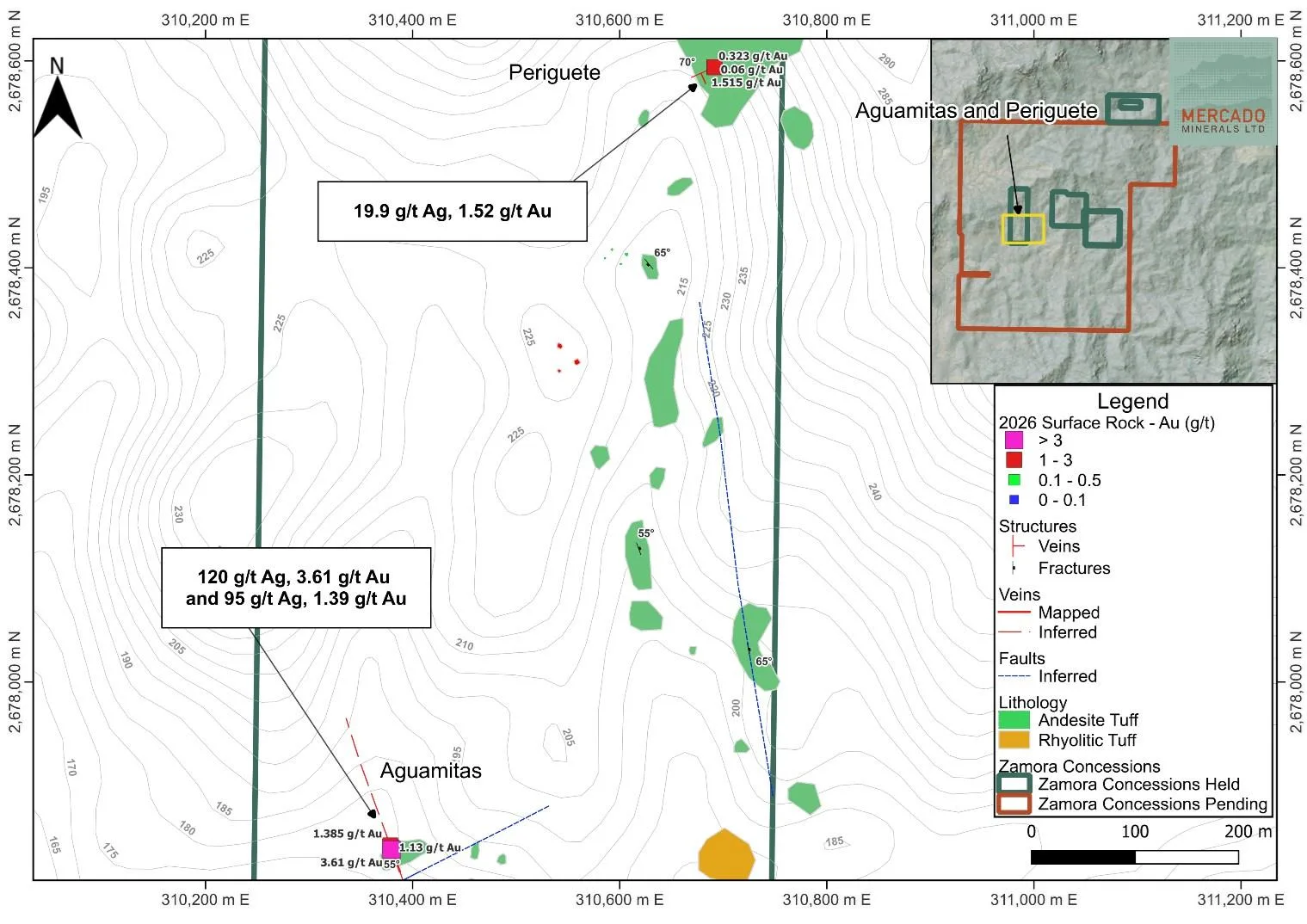 Figura 2. Mapa del proyecto Zamora con el mapeo de superficie y el muestreo en los objetivos de las vetas Aguamitas y Periguete.