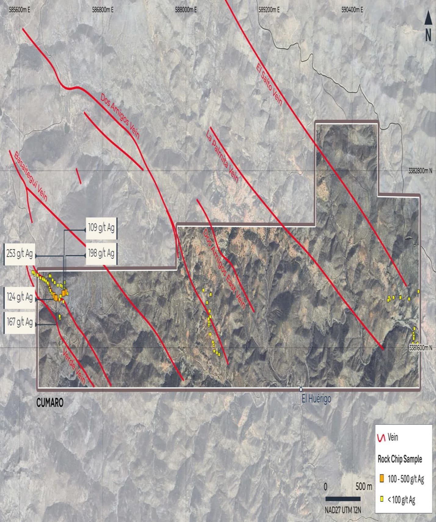 Figura 2: Concesión de Cumaro que muestra las vetas cartografiadas y los resultados de plata en fragmentos de roca (g/t Ag).